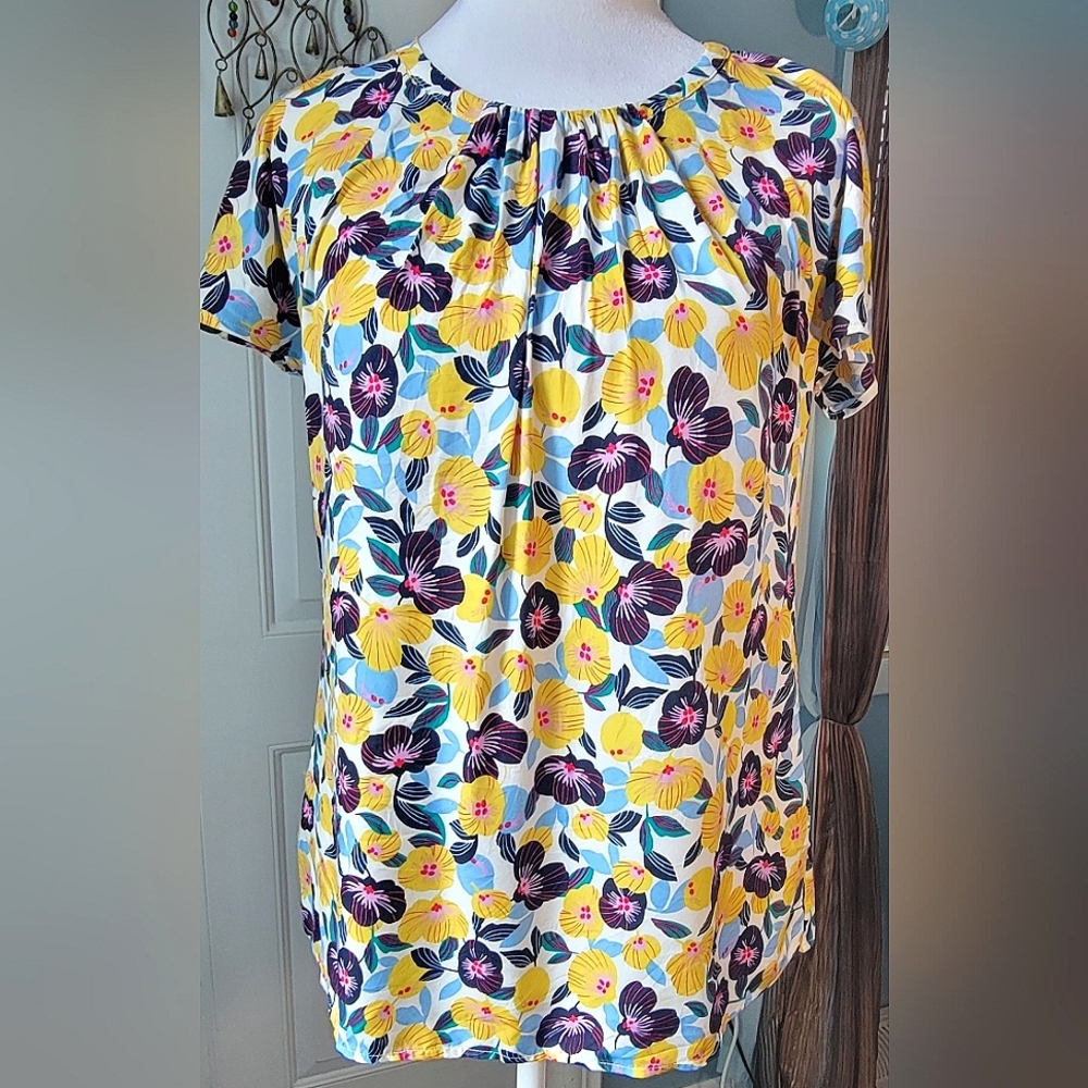 Boden Florence Floral Blouse Women's 4 Yellow Blue Pansies Silk Blend Short Slee